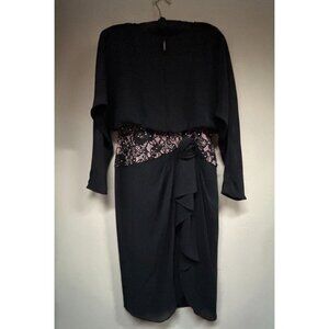 Vintage 80s A.J Bari Black Chiffon Cocktail Dress Size 8 Lace Embossed Flower